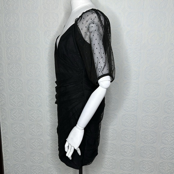 ASOS DESIGN | Dobby Mesh, Puffy Sleeve, Faux Wrap, Dress in Black - Picture 4 of 13